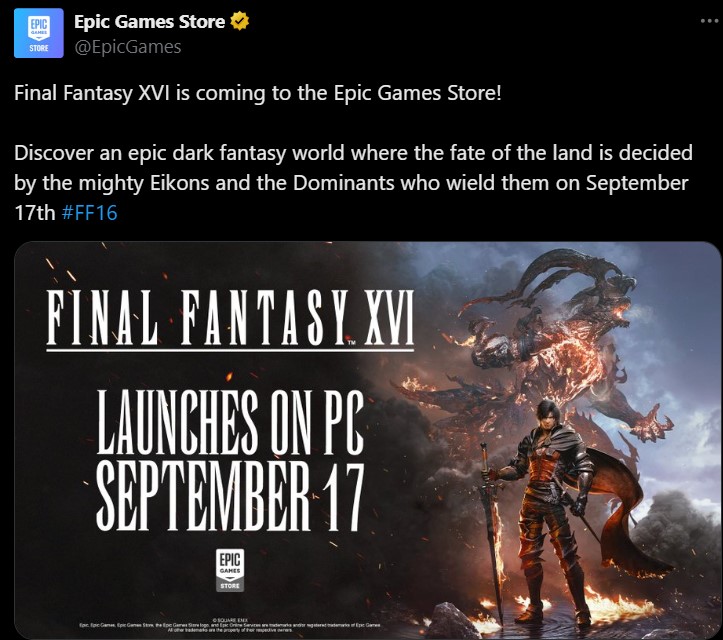 Final Fantasy XVI Steam Epic Store PC 17 septembre 1