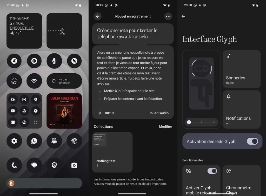 Des captures d'écran provenant du Nothing Phone 3a 