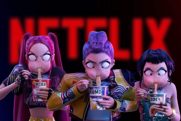 Trois personnages animés mangeant des nouilles instantanées.