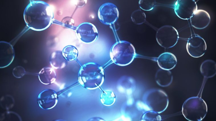 Représentation 3D de molécules bleutées connectées entre elles dans un environnement lumineux, symbolisant une découverte scientifique ou un phénomène chimique.