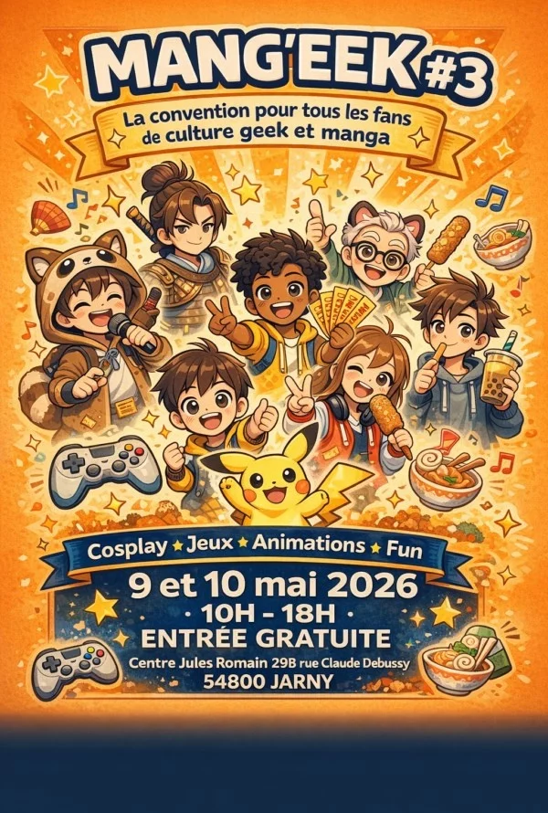 Mang'eek #3 prend ses quartiers au centre Jules Romain de Jarny les 9 et 10 mai 2026, pour un week-end gratuit consacré à la culture manga et geek.,